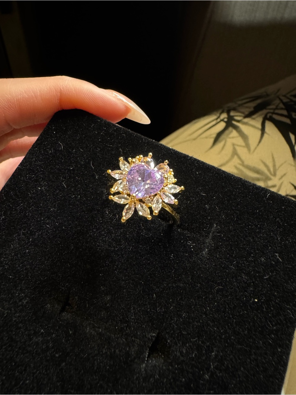 Gold Floral Ring with Purple Center Stone